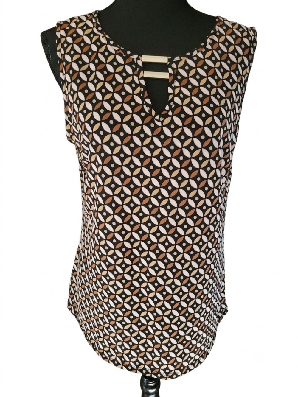 Sleeveless Geometric Keyhole Blouse - Black & Brown